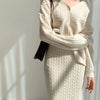 Women Full Sleeve Coats Korean Sweaters V Neck Cardigan Loose Two Piece Sets Solid Knitted Package Hip Skirt Set 2023 Autumn