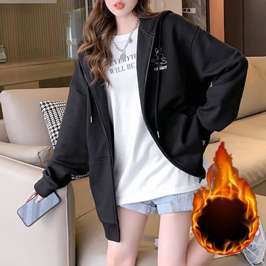 2024 spring, autumn and winter new lazy wind loose long-sleeved top embroidered pattern hooded sweater girls cardigan jacket