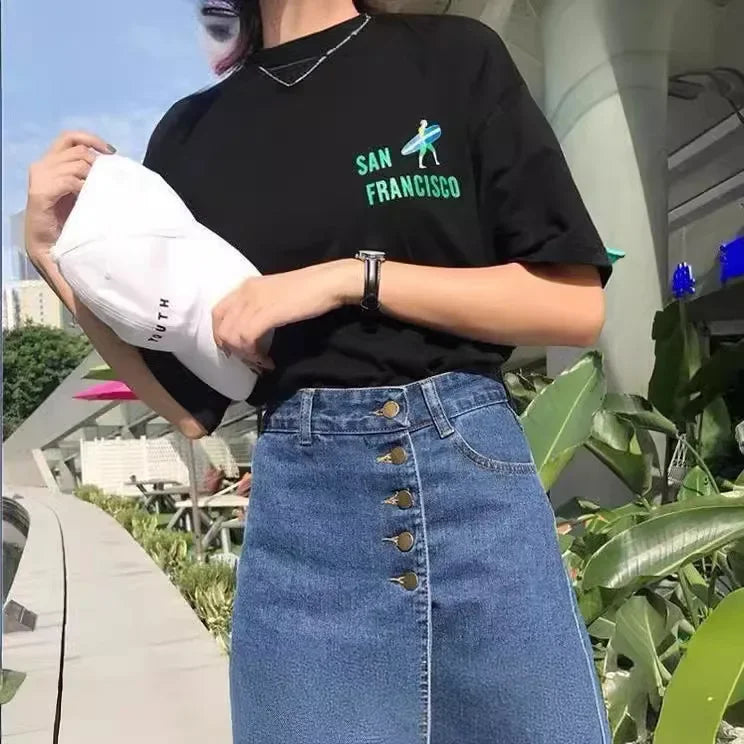 Summer Irregular High-waisted Denim Half Body Skirts, European and American Women's Fashionable Breasted Casual Denim Skirts
