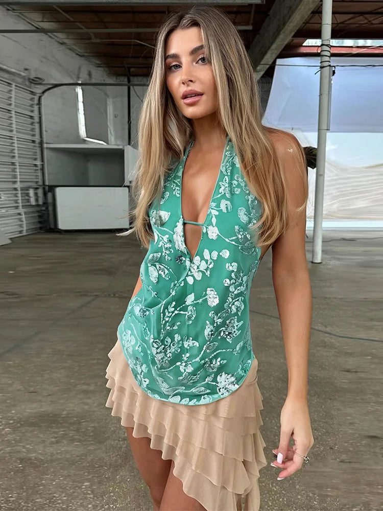 Trendix Sexy Deep V Neck Beach Tank Top Hot Girls 2025 Summer Sequins Patchwork Sleeveless Vest Women Vacation Sexy Backless Top