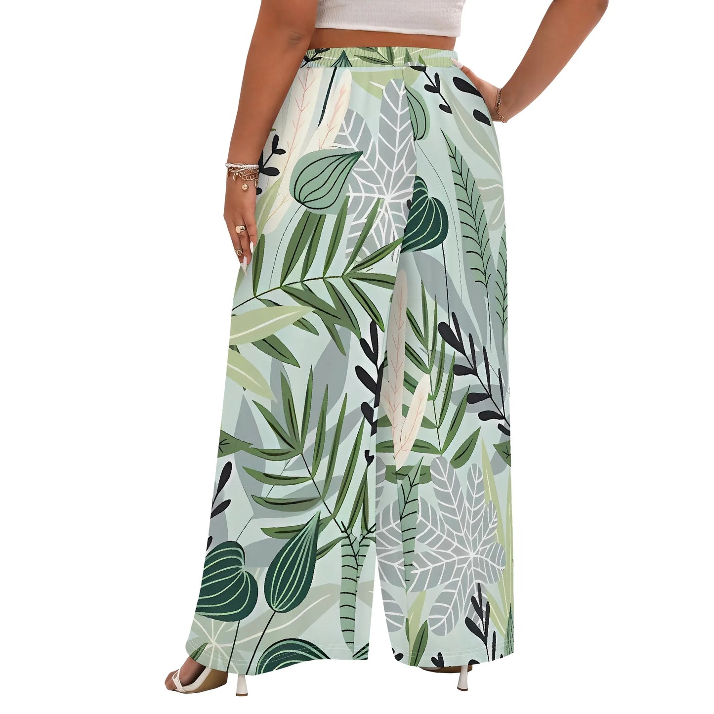 Nupusa Tropical Leaf Print Wide Leg Pants for Women Standard Size Summer Casual Drawstring Waist Trousers