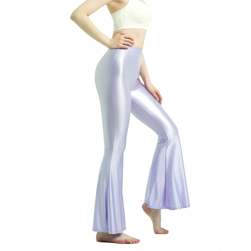 MJINM Women High-Waisted Spandex Flare Pants Glossy Colorful Silky Smooth Bodybuilding Dance Yoga Skinny Bell Bottoms Outer Wear