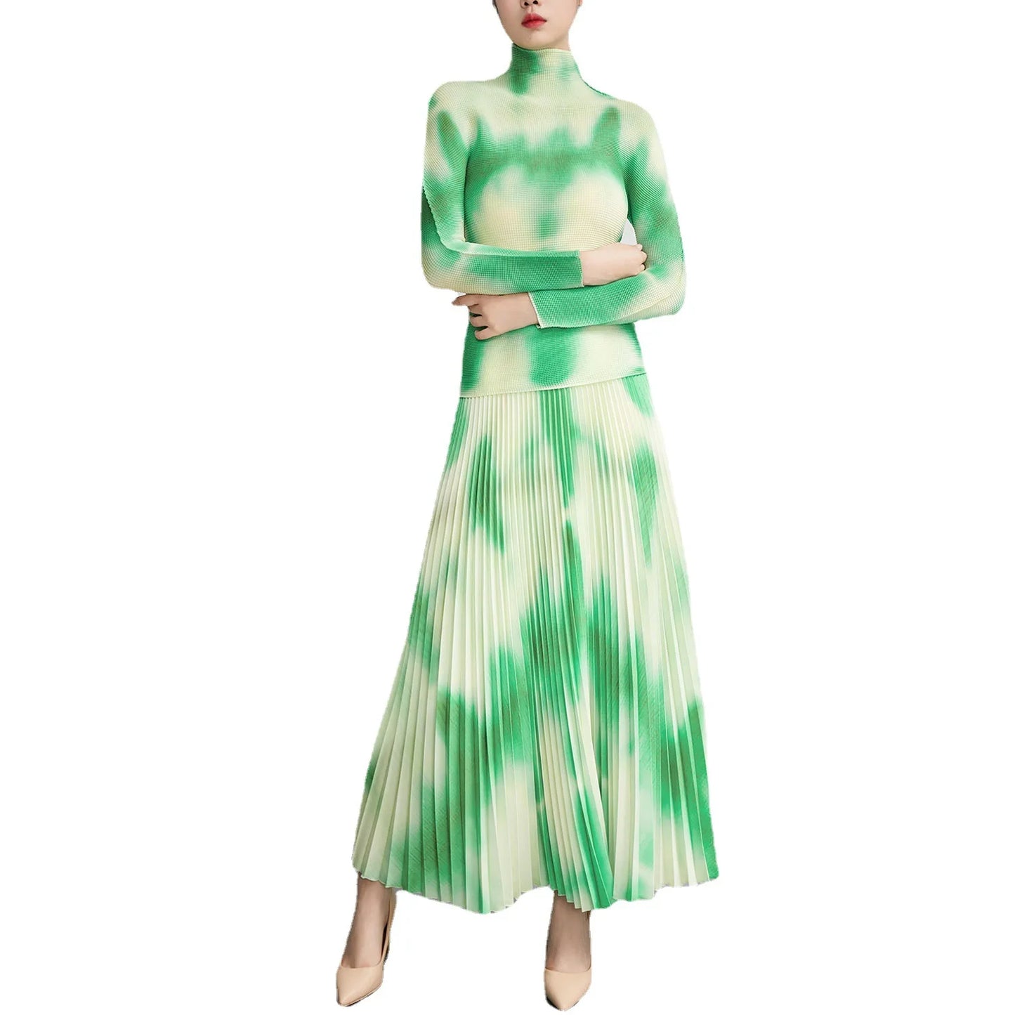 Miyake Fashion Suit Dress 2025 Spring and Summer New Pleated Stretch T-shirt Big Size Half Skirt 2-piece Set