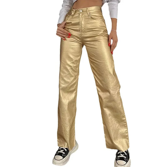 Women's Shiny Metallic Holographic Straight Wide-Leg Long Pants 2024 Spring Gold Silver Trousers Clubwear with Pockets
