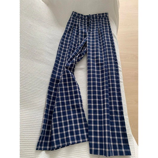 Retro Plaid Casual Pants For Women Chic High Waisted Loose Straight Leg Trousers 2025 New Versatile Breasted Floor Length Pants