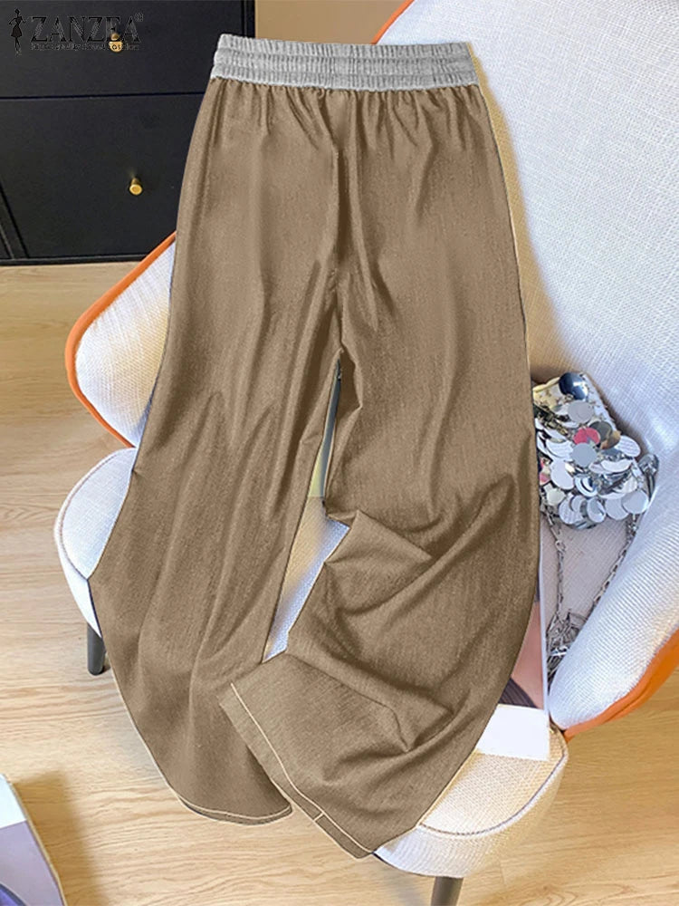 ZANZEA Women Denim Wide Leg Pants 2025 Casual Pockets Elastic Waist Long Pants Fashion Pleated Lace-up Trousers Loose Bottoms