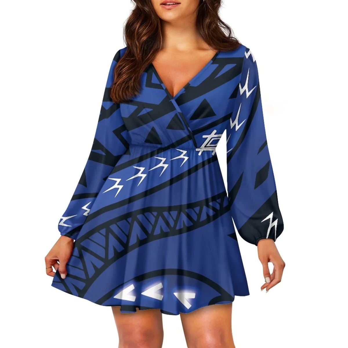 Teal Polynesian Tribal Design V Neck Dress Samoa Puletasi Plus Size Women's V Neck Dress Custom Island Style