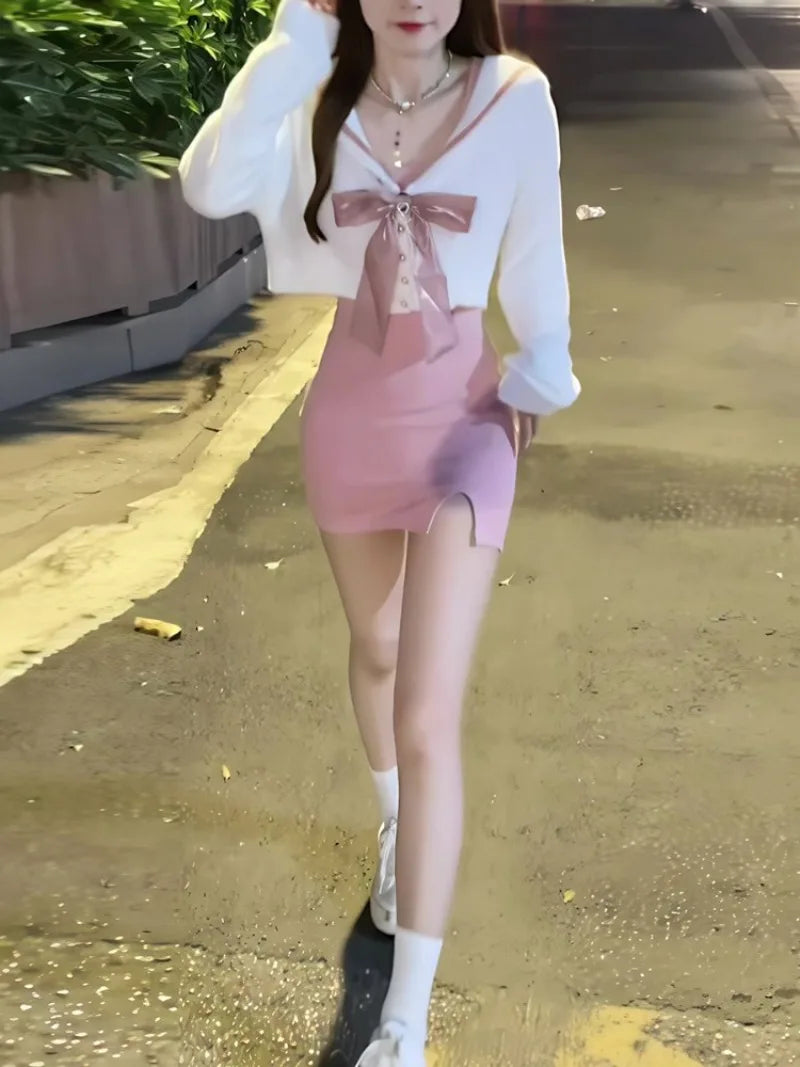 Sweet Sailor Collar Bow Waterproof Mink Knitted Cardigan+ Sexy Slim Fit Sleeveless Vest Dresses 2025 Autumn New Two Piece Sets