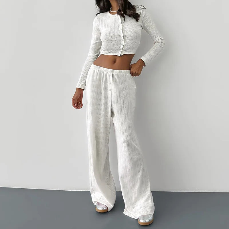 Absobe Pajamas Homewear Hollow Pants Casual Suit Women's Matching Sets Buttons Crop Cardigan Top Loose Trousers Autumn 2024 New