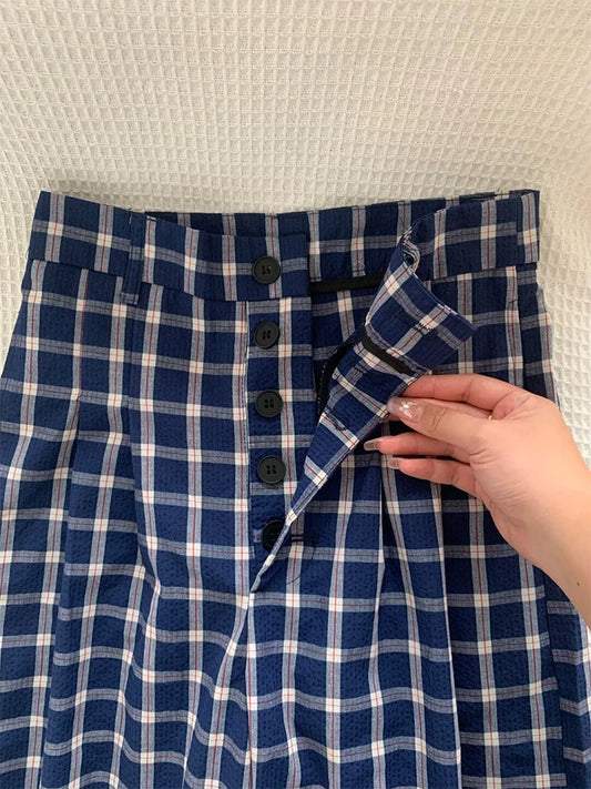 Retro Plaid Casual Pants For Women Chic High Waisted Loose Straight Leg Trousers 2025 New Versatile Breasted Floor Length Pants