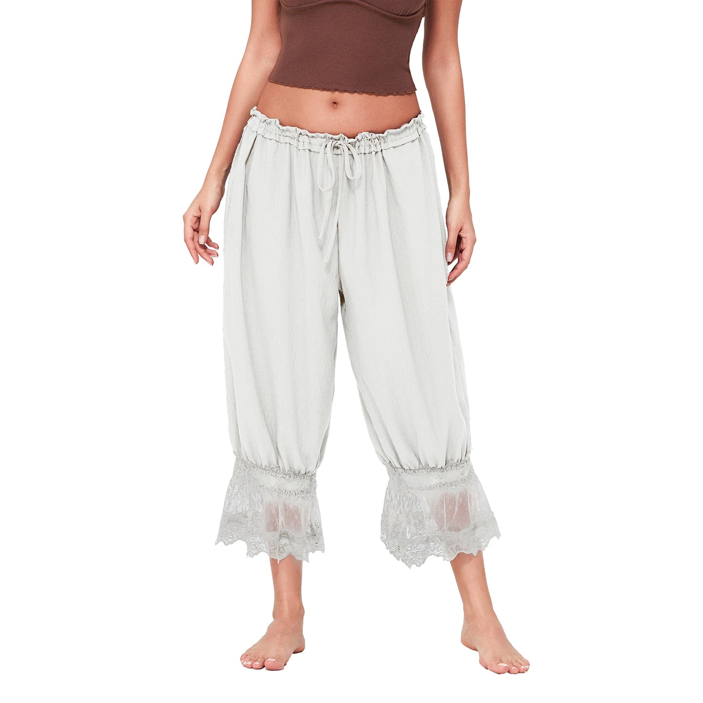 Womens Y2K Vintage Drawstring Cropped Pants Loose Fit Mid Rise Patchwork Lace Casual Lantern Bubble Pants Trousers Streetwear
