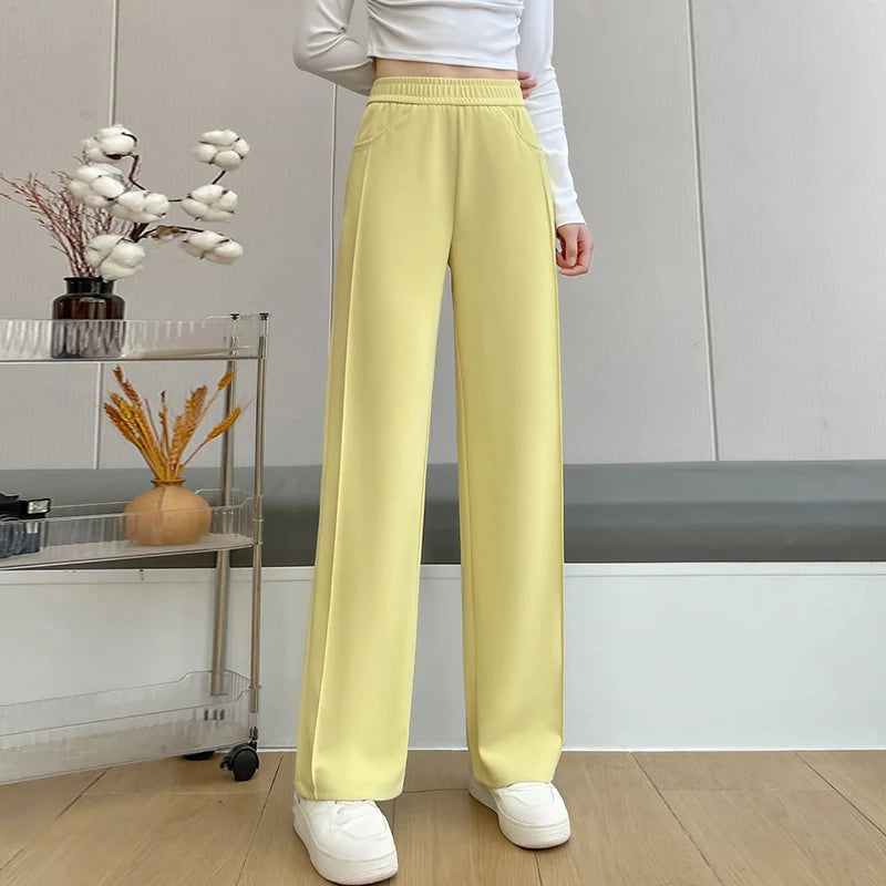 Women's Silk Pants Lady Summer Loose Commuting Straight Leg Pants High Waist Trousers Thin Knitwear Solid Color Bottoming Pant