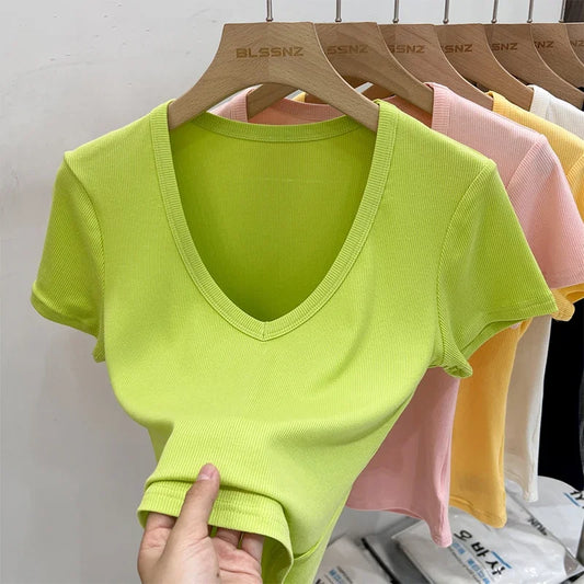 2025 Female Y2K Tops Clothes Summer Sexy Basic Crop Top Women Ribbed Short Sleeve T-shirts Casual V-Neck Solid Slim Fit Tee