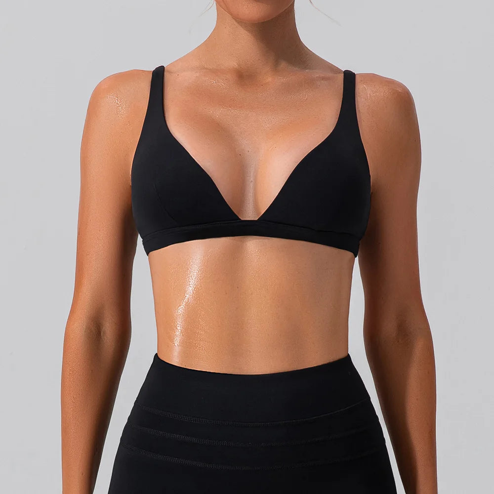High Strength Nude V-neck Bra, Shock-absorbing and Tight Fitting Sports Bra, Pilates Running and Fitness Vest for Women
