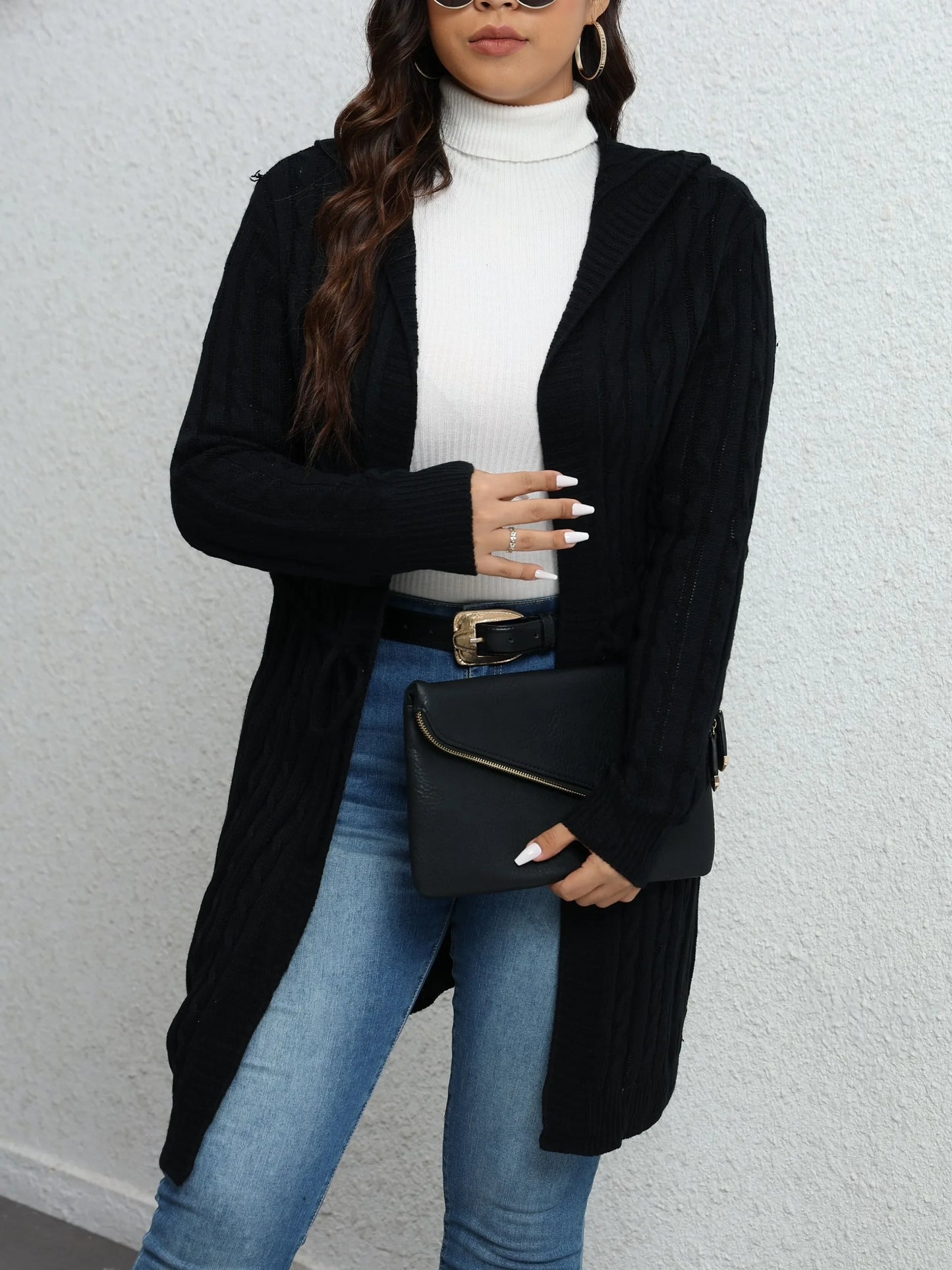 Women's Plus Size 1XL-5XL Versatile Solid Color Casual Loose Cardigan Fashionable Drawstring Knit Hooded Cardigan