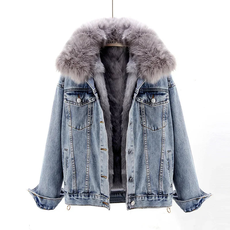Autumn Winter Natural Fox Fur Collar Removable Rabbit Fur Liner Denim Jacket Coat Women Loose Hem Split Fork Jeans Jacket Female