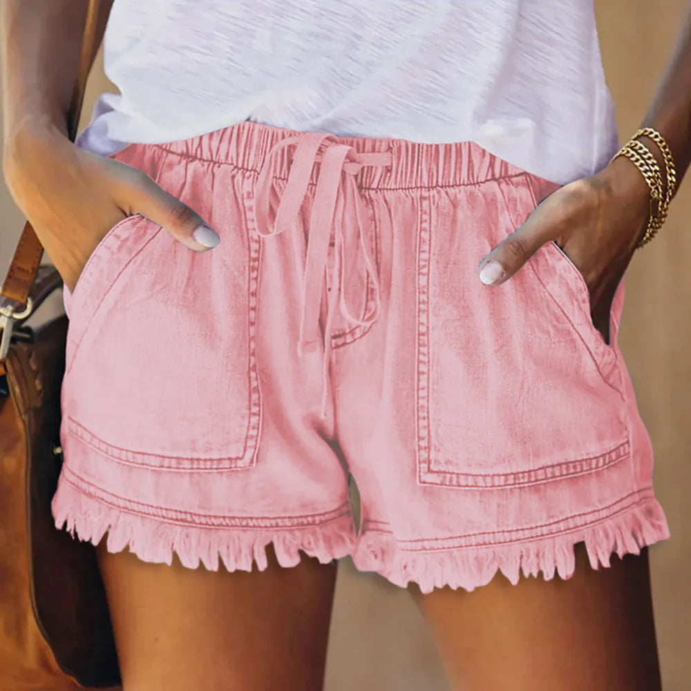 Jean Shorts for Women's Drawstring Elastic Waisted Casual Denim Shorts with Pocket Tassel Hem Soft Summer Trendy Loose Jeans