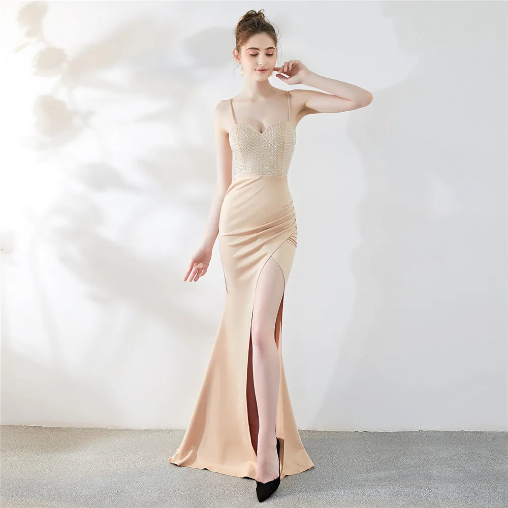 Customized Women's Sexy Strap Dress High Slit Evening Party Wear Crystal Dress
