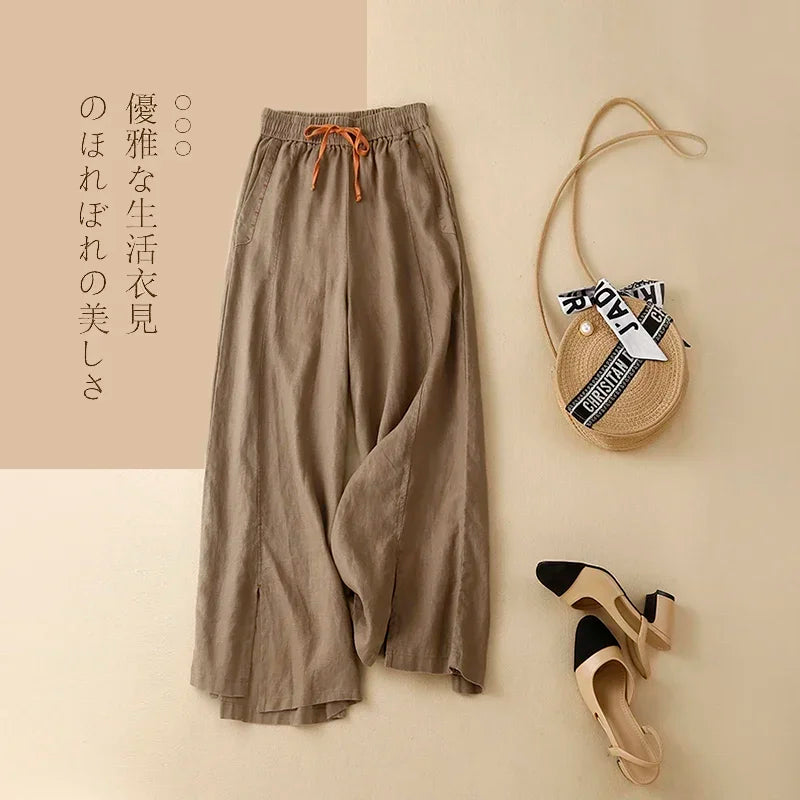 Gray Cotton Linen Casual Elastic High Waist Loose Wide Leg Women's Pants Ankle-Length Pants For Women Clothing 2025 Fashion