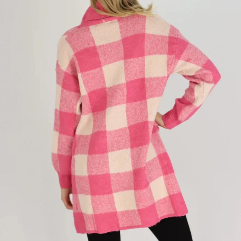 Rose red large size plaid striped sweater knitted long large lapel pocket casual commuting all-match cardigan