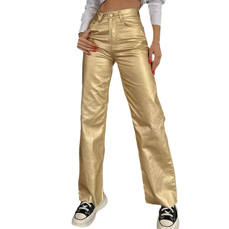 Women's Shiny Metallic Holographic Straight Wide-Leg Long Pants 2024 Spring Gold Silver Trousers Clubwear with Pockets