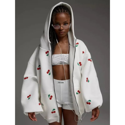 Women's Cherry Printed Sweatshirt Jacket 2025 Autumn Street Style Fashion Trendy Brand Loose Versatile Sports Hoodie Female New