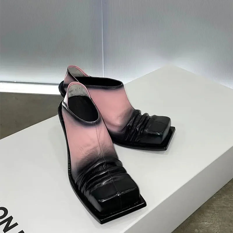 Retro Color Matching Square Toe Chunky Heel Leather Shoes Woman 2025 Slip On Pleated High Heel Muller Shoes for Women Pink Brown