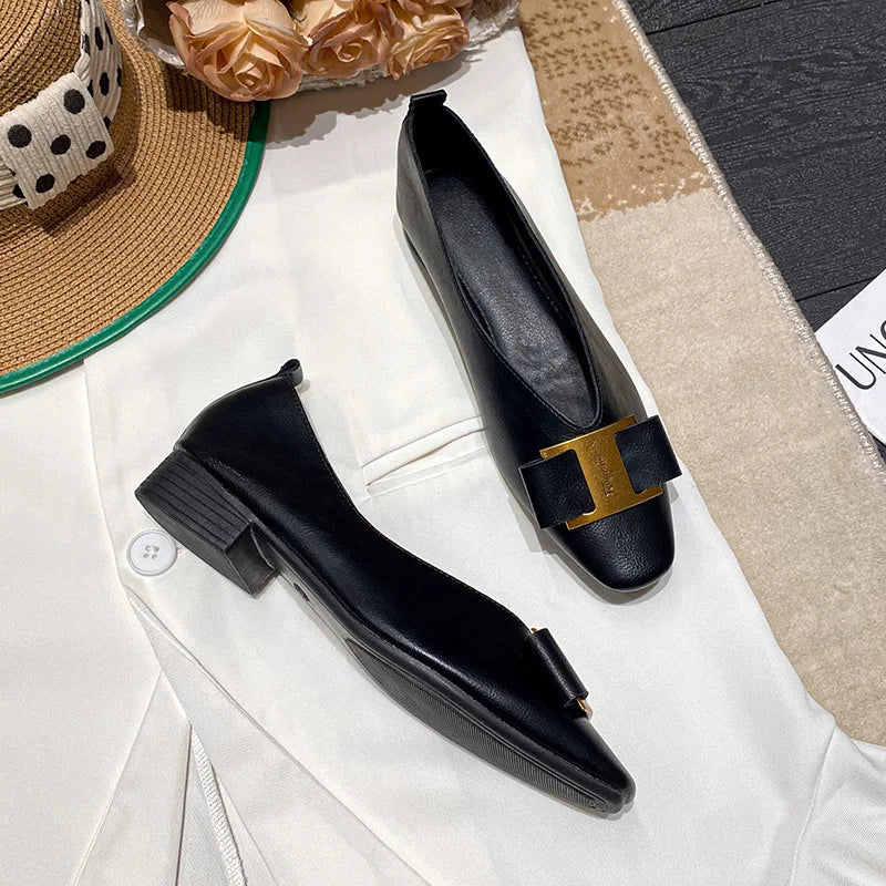 Women's Single Shoes Summer New Low Heel Square Head Metal Decorative Oxford Shoes Fashion Comfortable Soft Soled Leather Shoes