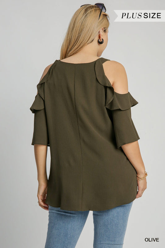 Cold Shoulder Blouse with Ruffle (NP) - Olive, Plus - Nikki and Co Boutique