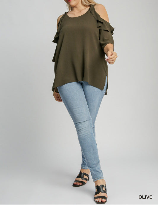 Cold Shoulder Blouse with Ruffle (NP) - Olive, Plus - Nikki and Co Boutique