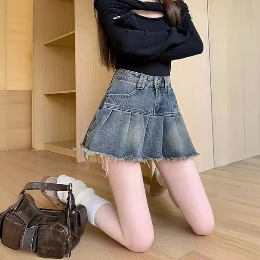 High-Waisted Vintage Patchwork Fringe Design Sensibility Slimming Denim Mini Dress For Women Summer Style A- Line Mini Skirt