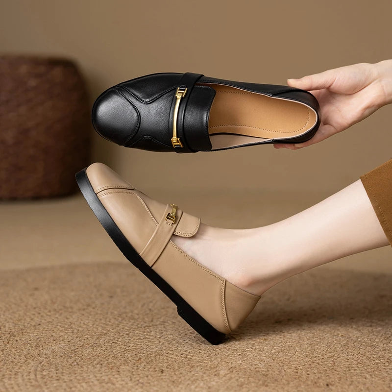 Women's new leather, cowhide, metal accessories, round toe, low heel, comfortable, plus size single shoes, casual shoes