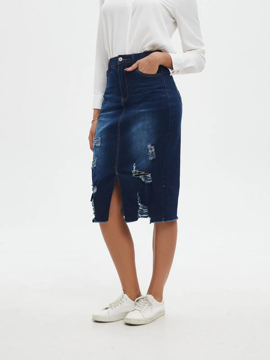 ZMTUO Dark Blue Denim Midi Skirt High waisted Distressed Slit Detail Women's Fashion Trendy Casual Look Street style