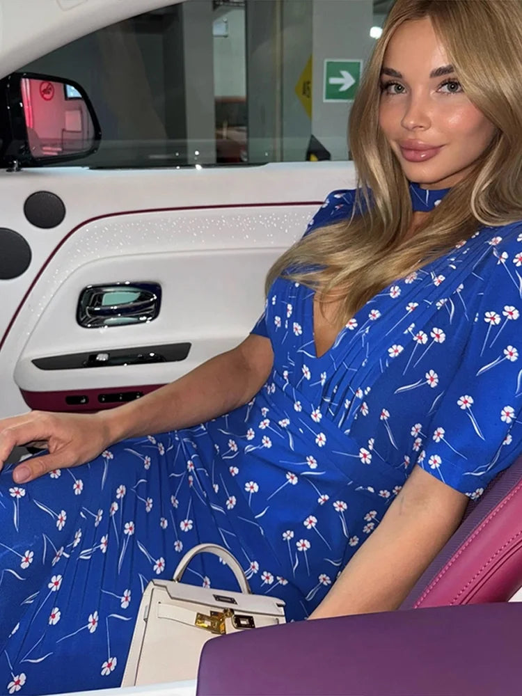 Print Deep V Shoulder Pad Long Dress Women Elegant Short Sleeve Waist Cinching Hip Package Sheath Party Dresses New Summer Robes