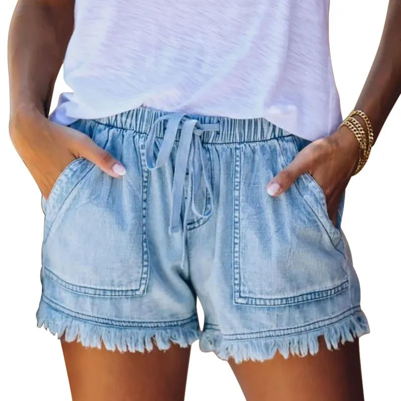 Jean Shorts for Women's Drawstring Elastic Waisted Casual Denim Shorts with Pocket Tassel Hem Soft Summer Trendy Loose Jeans