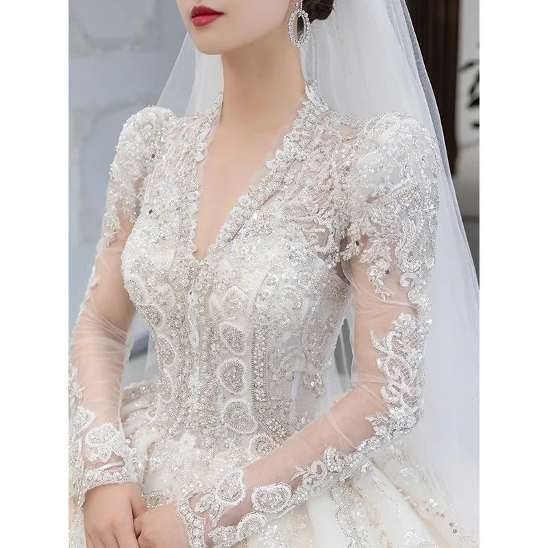 Long Sleeved Winter Wedding Dress 2024 New V Neck Luxury Long Sweep Train Beading Princes Wedding Gown Vestido Noiva Customized