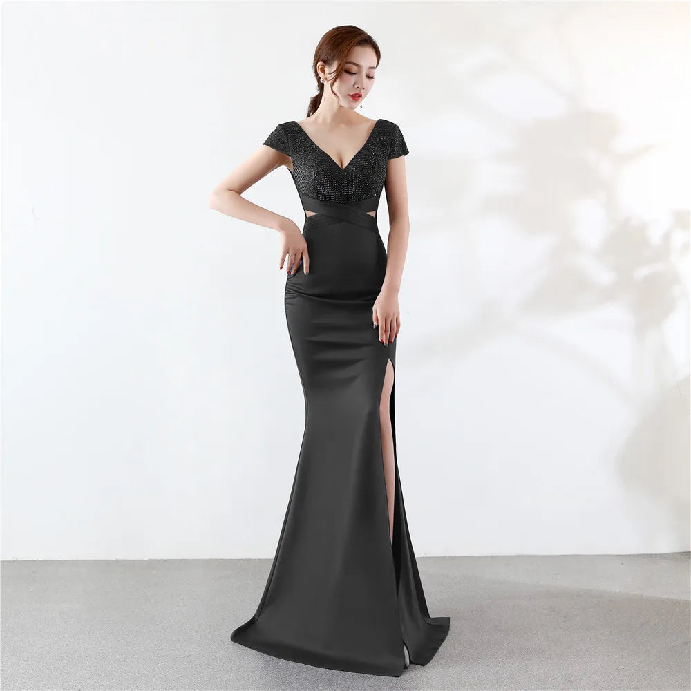 Customized  Cap Sleeve V Neck Cross Waist Side Slit Backless Dress Cocktail Party Evening Gowns For Women