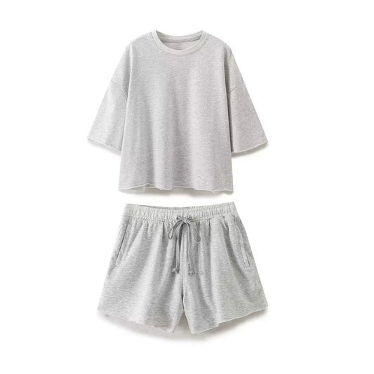 TRAFZA Summer Women Vintage Solid Shorts Suit O Neck Short Sleeve T-shirt Drawstring Shorts Loose Casual 2024 Woman Sport Sets