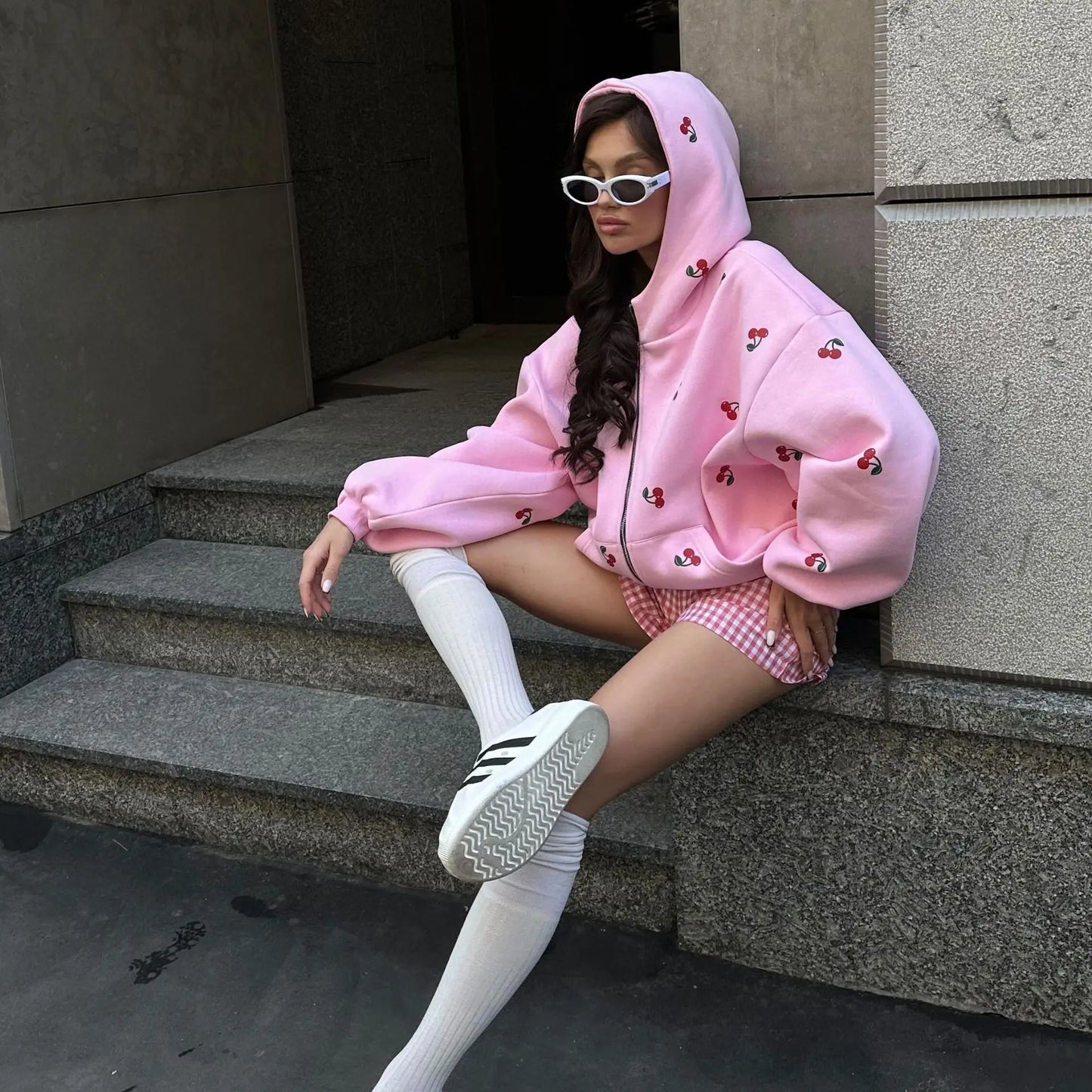 Women's Cherry Printed Sweatshirt Jacket 2025 Autumn Street Style Fashion Trendy Brand Loose Versatile Sports Hoodie Female New