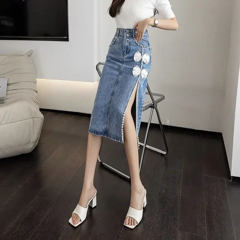 Woman Denim Skirt with Slit Midi Bow High Waist Jeans Skirts for Women Y2k Vintage Clothing Sales New in Luxury Elegant Chic
