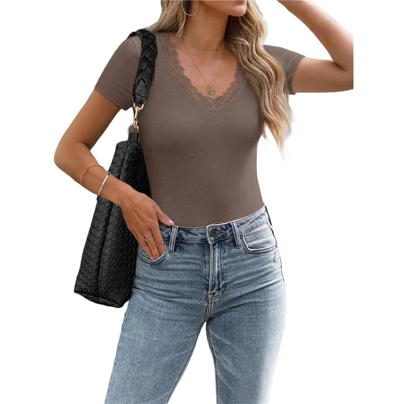 ASDS-Women Short Sleeve Lace V Neck Shirts Ribbed Knit Fitted Business Dressy Casual Summer Blouses T-Shirt