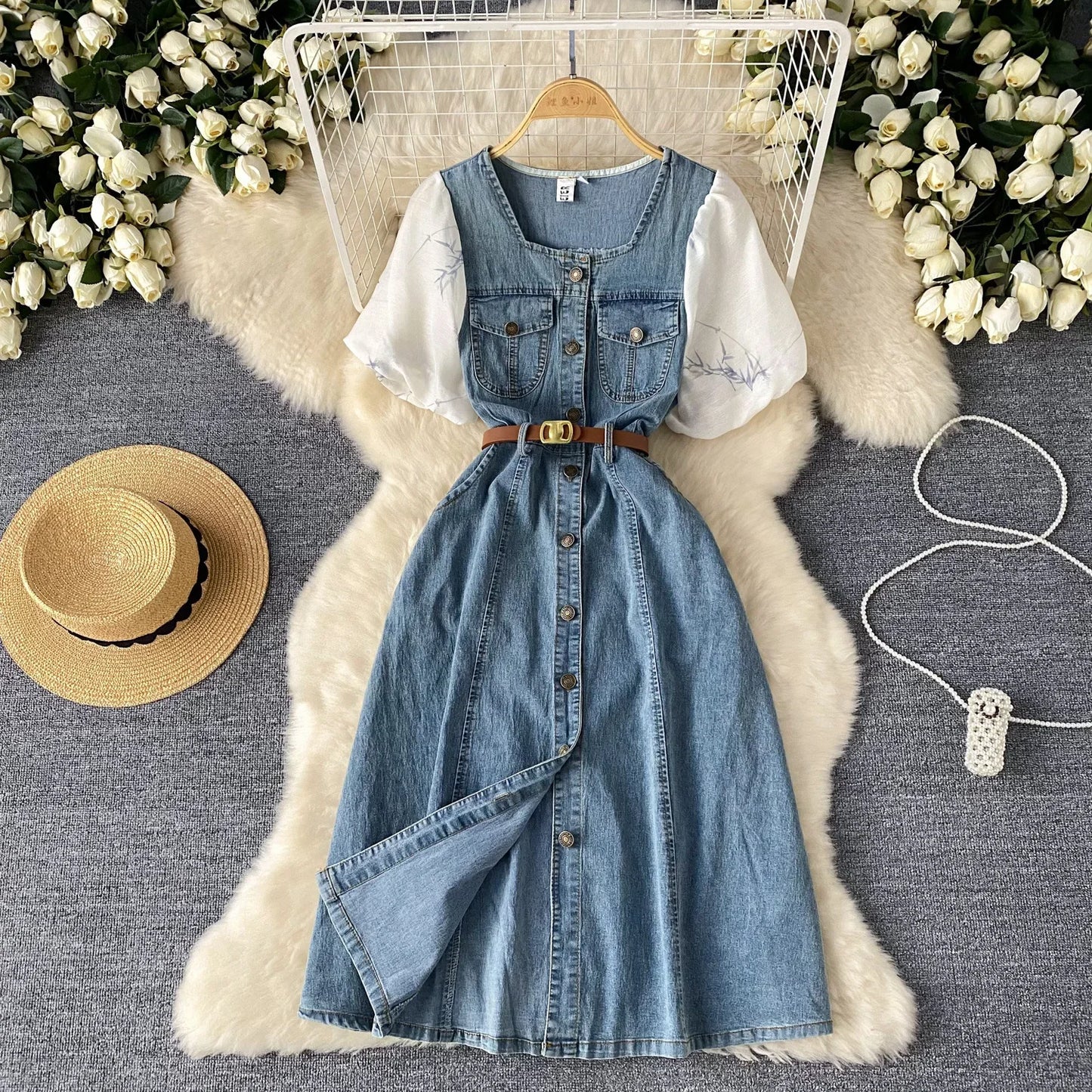 Short-sleeved Single-breasted Denim Dress.Women's Summer New Style Design Sense Square Collar Bubble Sleeve Splicing Long Dress