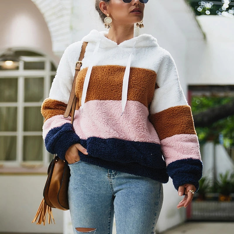 Autumn and winter new plus size women's hoodies fashion stitching striped plush casual coat.