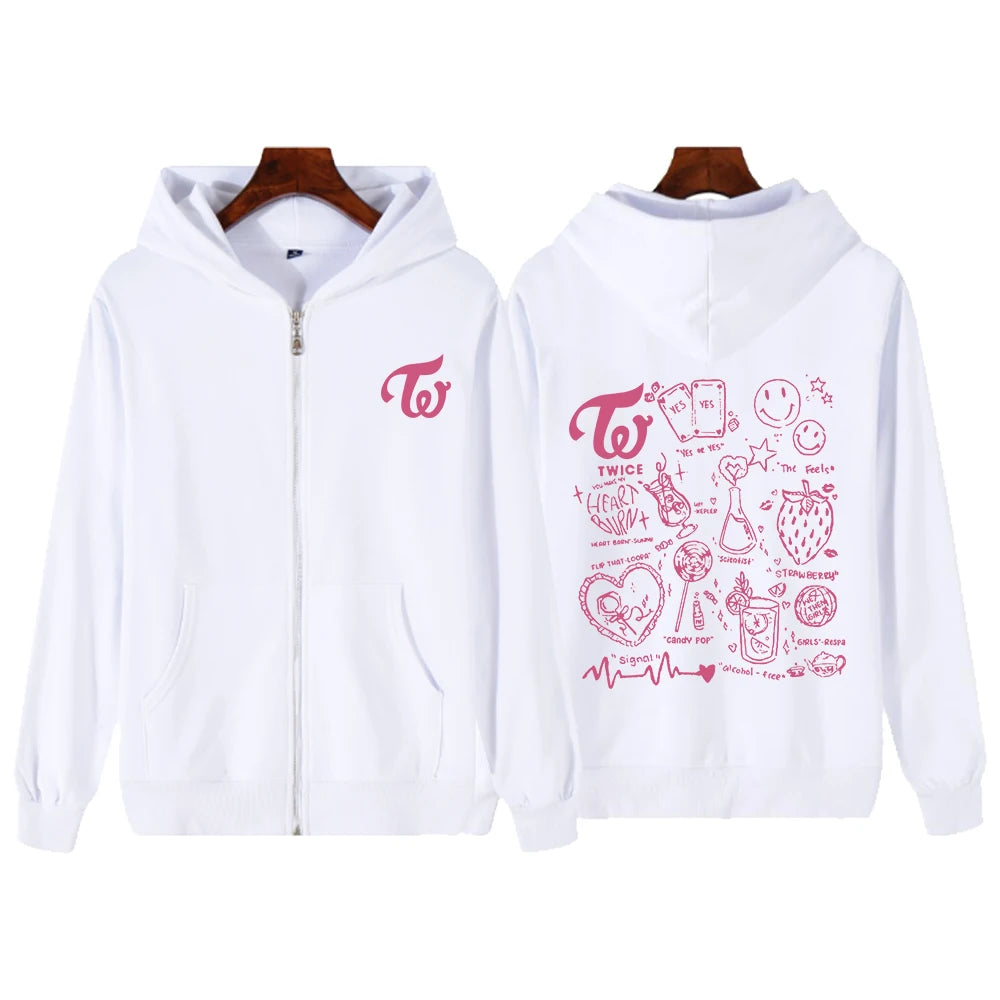 2023 Twice Kpop Album Print Hoodie Sweatshirts Long Sleeve Streewear Pullover Clothes Zip Up Hoodie