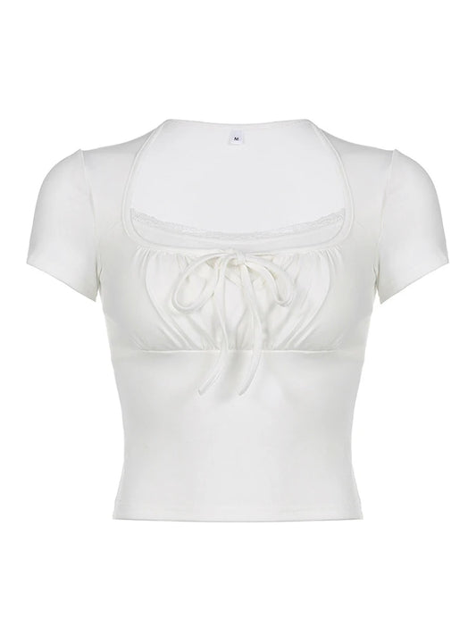 Casual White Knitted Lac Patched Female T-shirts Y2K Korean Style Slim Tie Up Shirring Summer Top Tee Folds Outfits