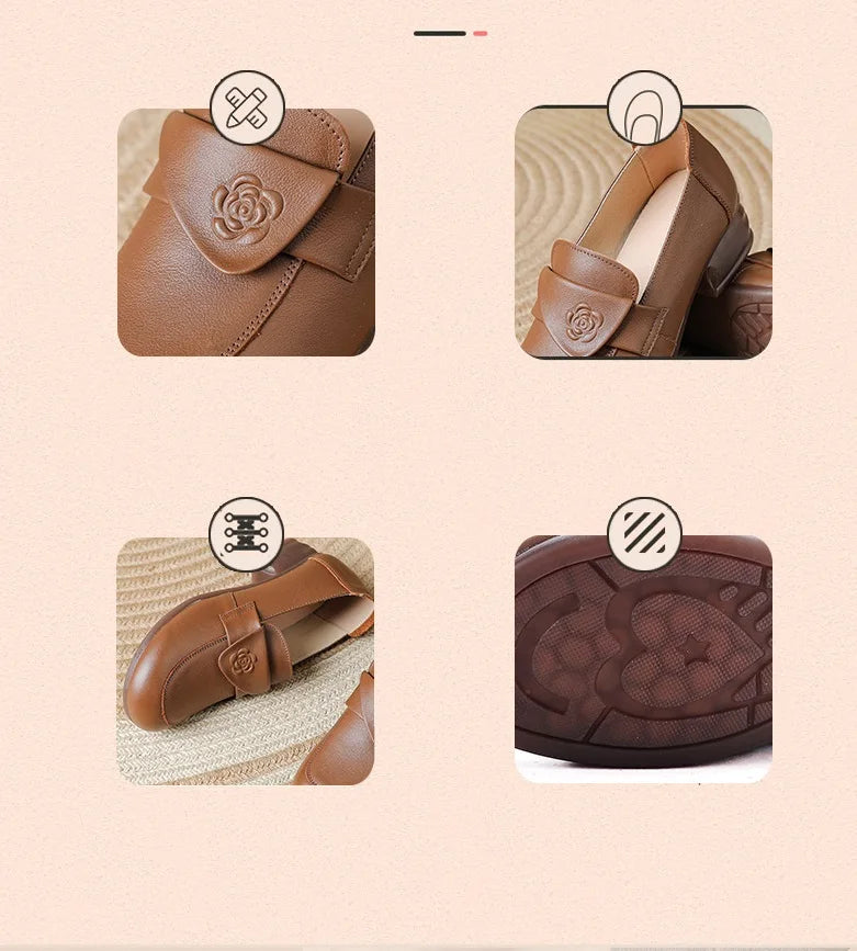 New antique chic rose pumps shoes women vintage heels genuine leather slip on shoes woman square heel pumps ladies dress shoes