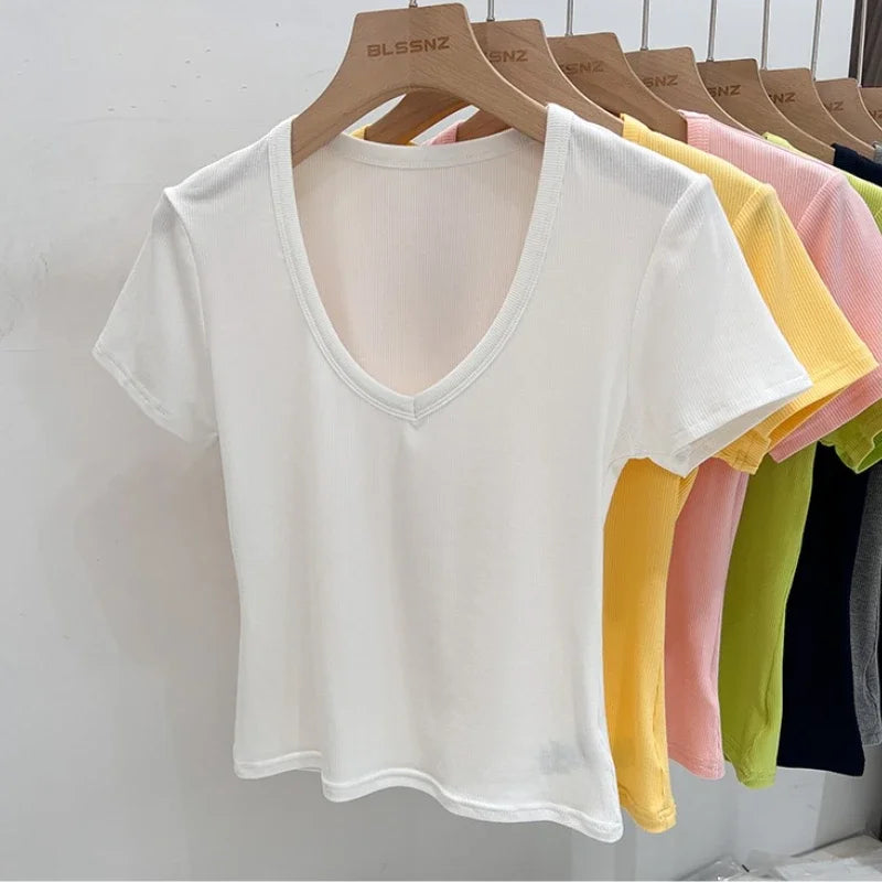 2025 Female Y2K Tops Clothes Summer Sexy Basic Crop Top Women Ribbed Short Sleeve T-shirts Casual V-Neck Solid Slim Fit Tee