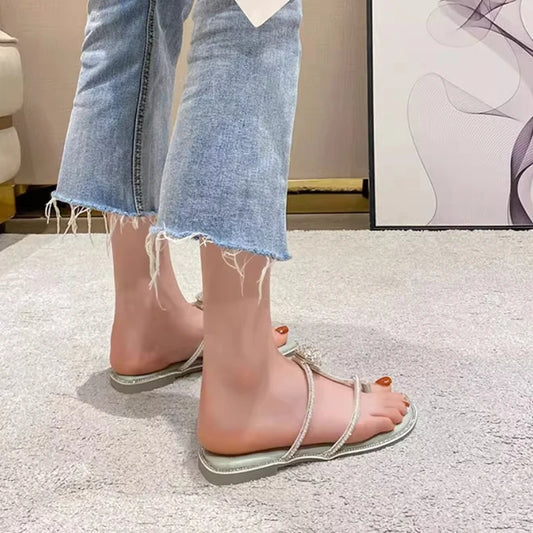 Summer 2025 New fairy-style flat, versatile diamond-encrusted slippers with toe clippers and pearl sandals women shoes