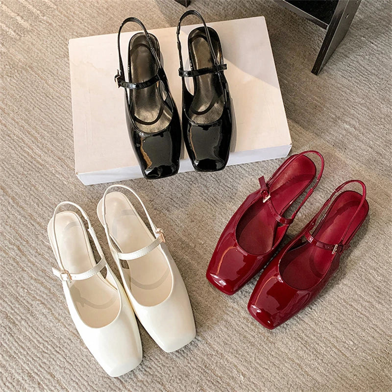 Aneikeh Retro Square Head Strap Mary Jane Sandals Women Comfortable Casual Red Lacquer Leather Ballet Shoes Pumps Zapatos Mujer