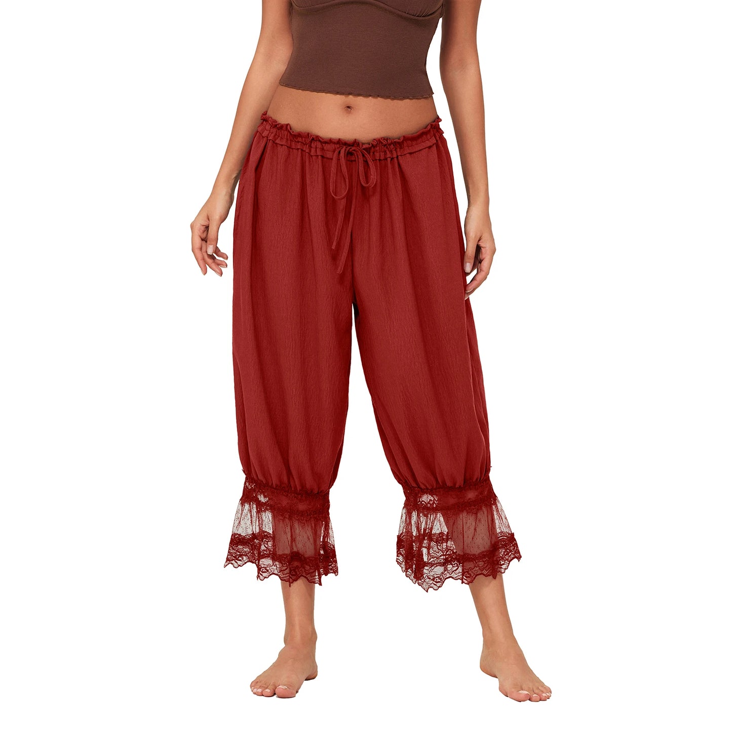 Womens Y2K Vintage Drawstring Cropped Pants Loose Fit Mid Rise Patchwork Lace Casual Lantern Bubble Pants Trousers Streetwear